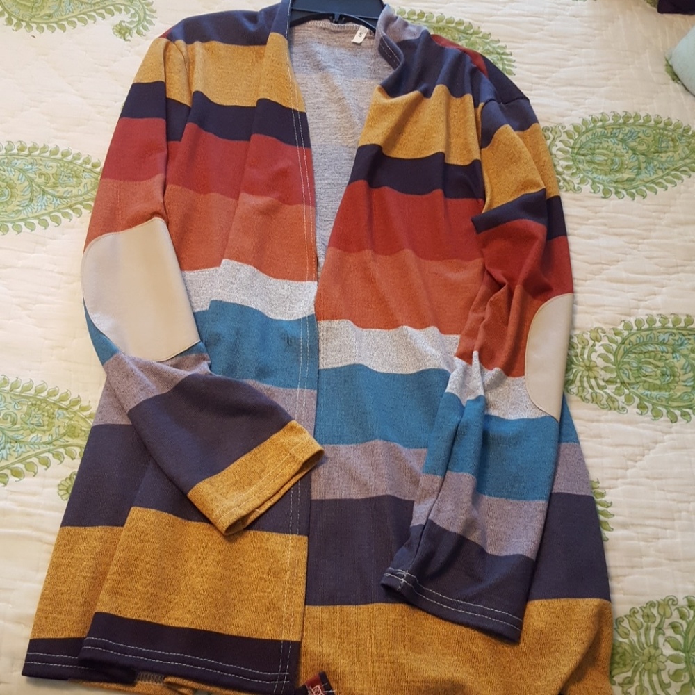 Striped cardigan with elbow patches.
